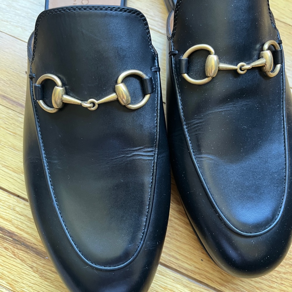 Gucci Black Leather Mules with Gold Hardware 7 37 Princetown Shoes Loafers - Picture 3 of 9